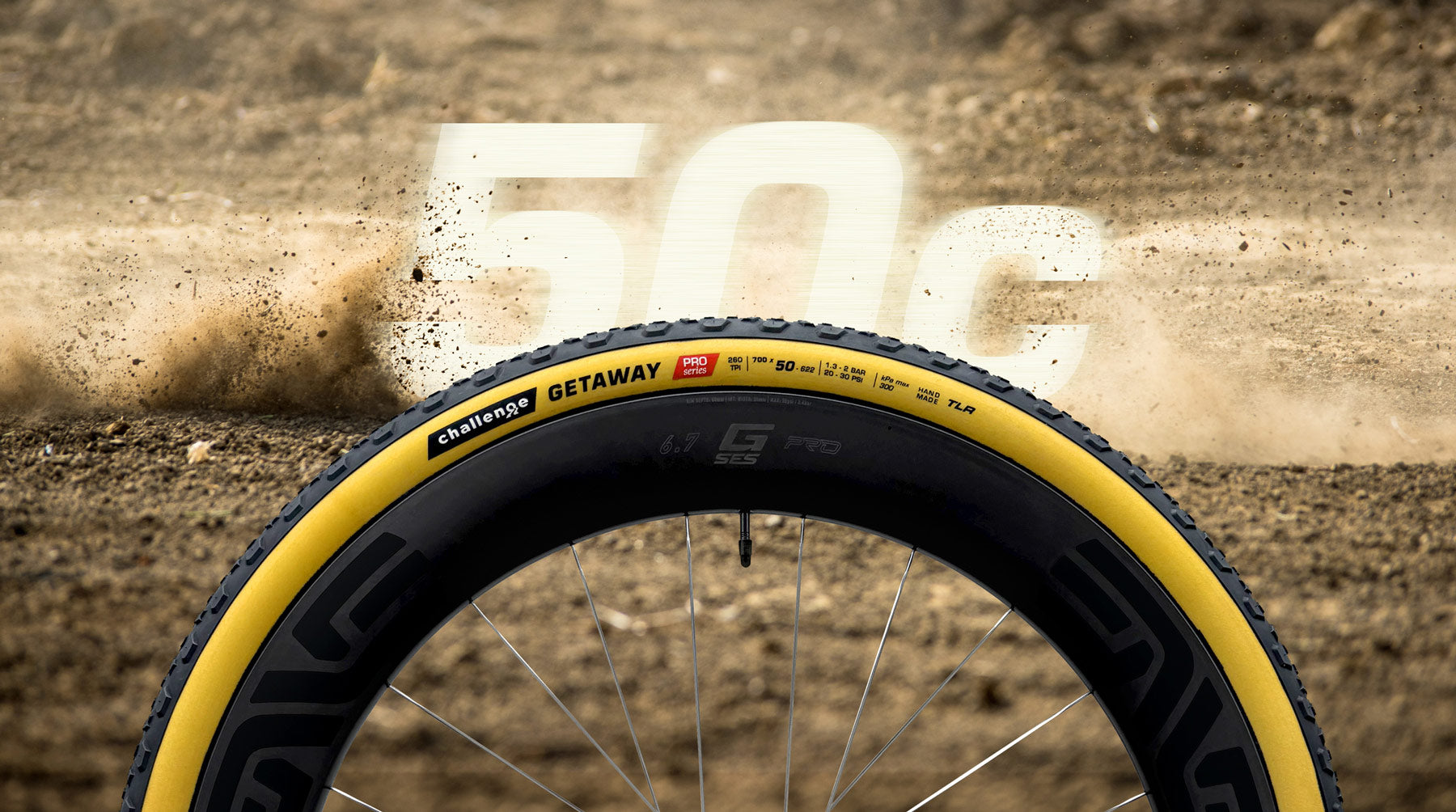 Gravel Image showing Challenge GETAWAY PRO Handmade TLR tire in 50c width on ENVE Gravel Wheel